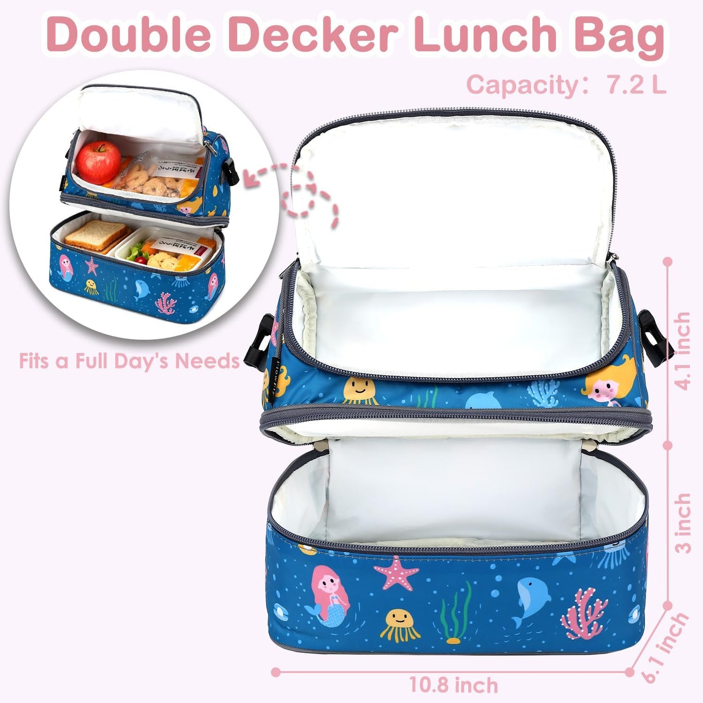 FlowFly Kids Double Decker Cooler Insulated Lunch Bag Large Tote for Boys, Girls, Men, Women, With Adjustable Strap, Unicorn
