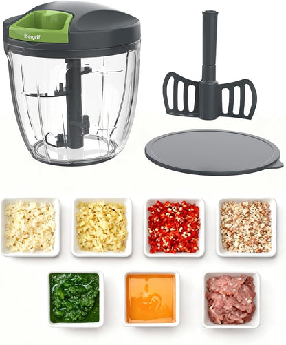 Ibergrif Manual Food Processor Vegetable Chopper, Portable Onion Chopper Garlic Mincer with Hand Pull String Cutter for for Veggies, Ginger, Fruits, Nuts, Herbs, 500ml, for Kitchen, Camping, RV, M501