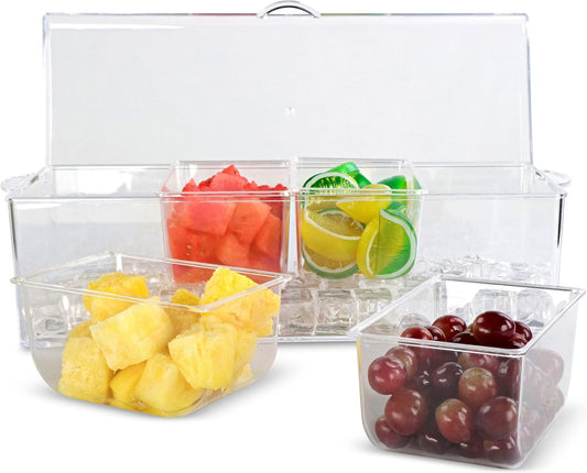 7Penn Condiment Tray with Ice Chamber, 4 Condiment Containers, Lid - Bar Garnish Tray Chilled Condiment Server Caddy