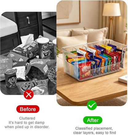 Clear Expandable Snack Organizer for Countertop,Adjustable Pantry Storage Bin with Removable Dividers,Large 6 Compartment Snack Container for Candy,Coffee Pods, Tea Bags,Drink Packets,Kitchen Counter
