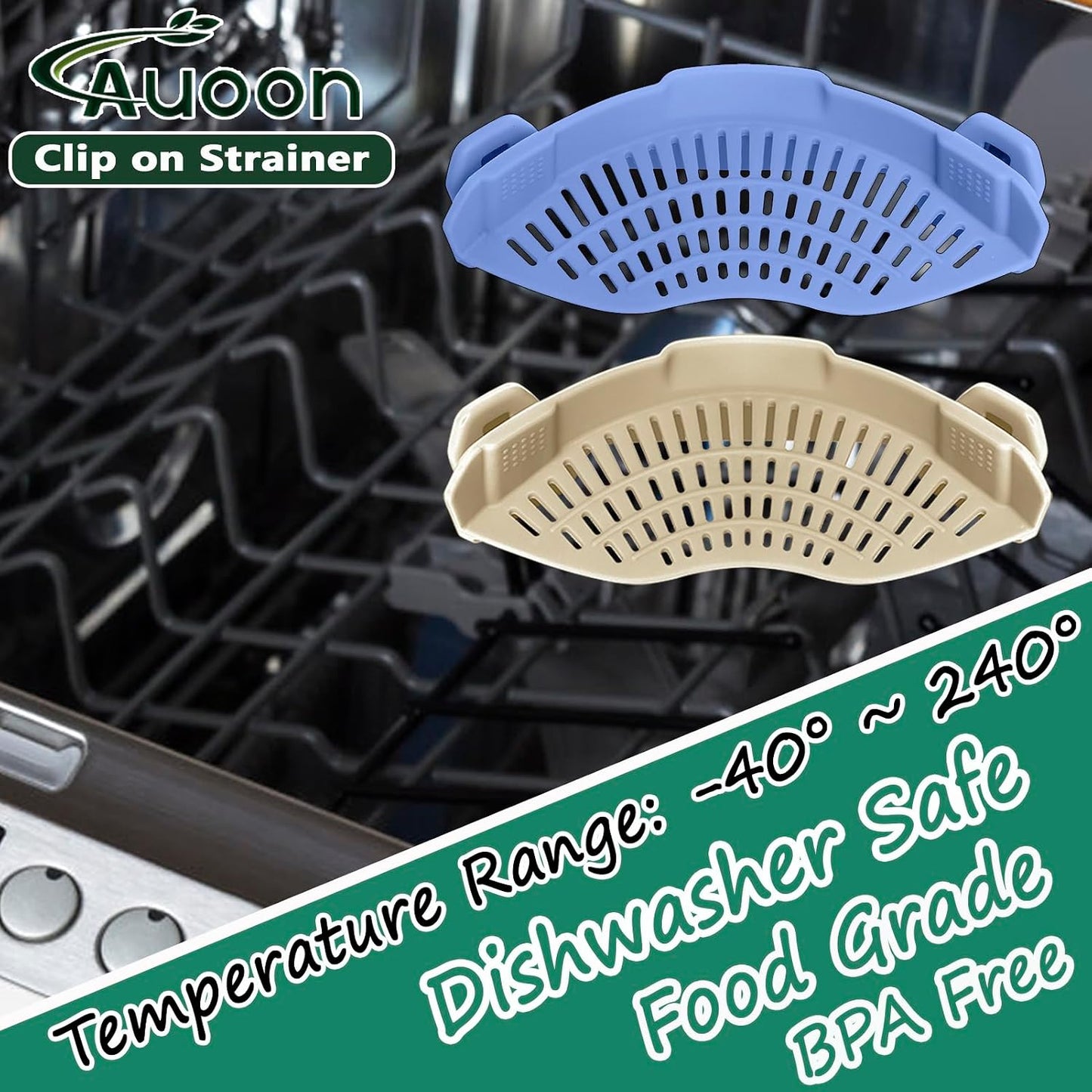 AUOON Clip On Strainer Silicone for All Pots and Pans, Pasta Strainer Clip on Food Strainer for Meat Vegetables Fruit Silicone Kitchen Colander