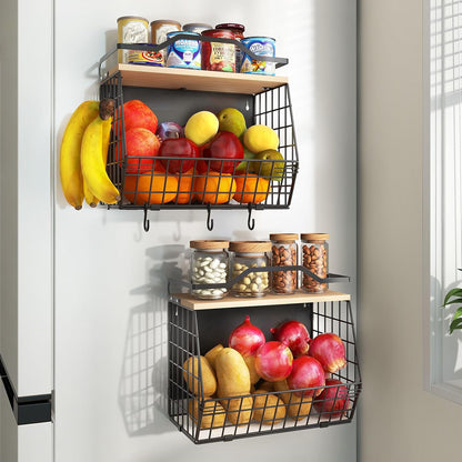 White Fruit Bowl Wire Basket Storage Pantry Fruit and Vegetable Storage Fruit Basket for Kitchen Counter Stackable Wall Mounted Hanging Basket Wire Basket with Wood Lid with Hanger Hooks