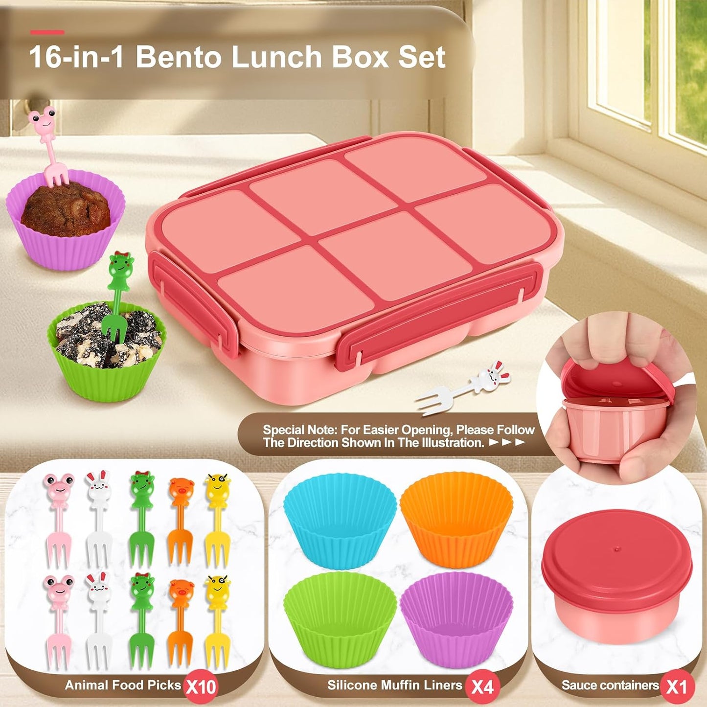 Amathley Lunch Box Kids Girls Boys,Bento Box Adult,Toddler Lunch Containers for School,Leakproof Snack Containers with 6 Compartments,Sauce Container,10 Food Picks and 4 Muffin Cups (Green)