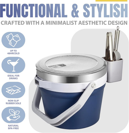 COKTIK 7L Vacuum Insulated Ice Bucket with Lid and Scoop& Tongs，Large capacity Stainless Steel Beverage Bucket for Cocktail, Champagne, Wine, Beer，Large Parties（Milk White Suit）