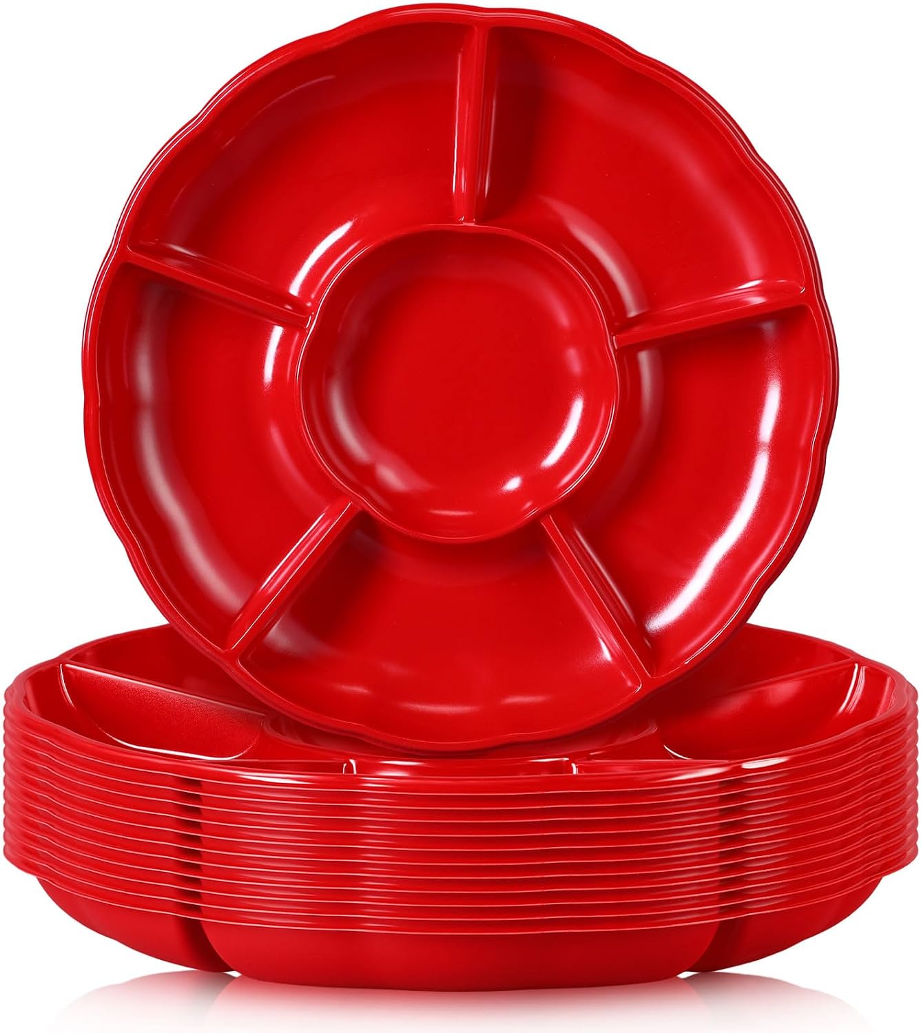 Rtteri 12 Pcs Plastic Divided Serving Trays 12 Inch Round Chip Dip Plate 6 Sectional Snacks Serving Dish Food Platters for Party Candy Nuts Fruits Veggies(Colorful)
