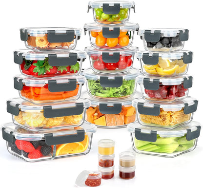 AMALEKO 42pcs Glass Food Storage Containers with Snap Locking Lids Set, Glass Meal Prep Containers (21 Container & 21 Lids),Leak Proof Lunch Containers BPA-Free,Black