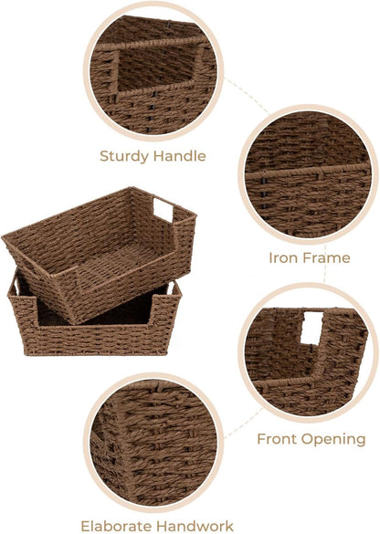 StorageWorks Water Hyacinth Baskets for Organizing with Built-in Handles, Stackable Wicker Pantry Baskets for Shelf, Pantry Organizers and Storage for Shelves,2-Pack