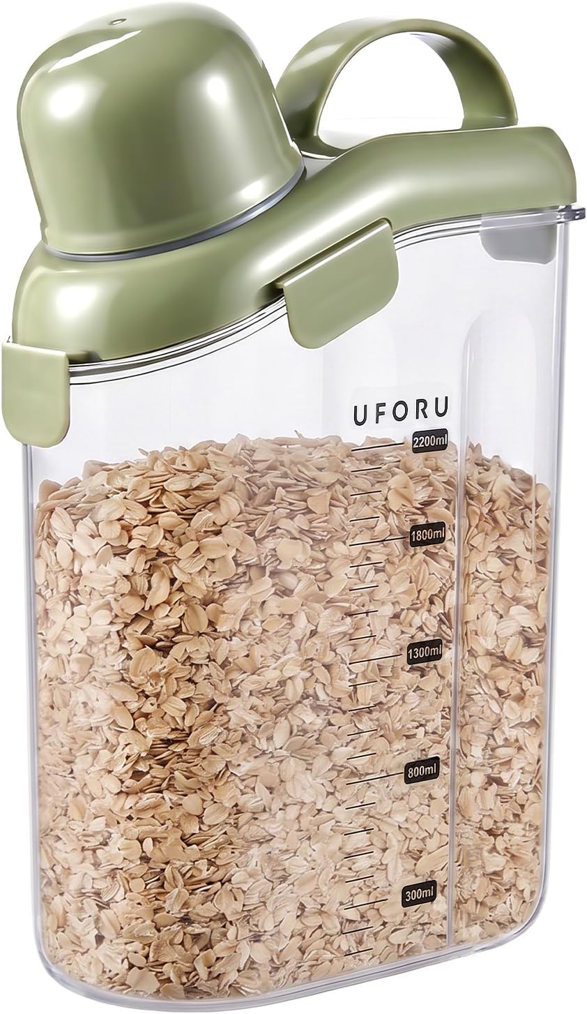 UFORU Cereal Containers Storage 2.1L, Airtight Rice Container with lids for grain, flour and beans, Pouring Spout & Handle, BPA-Free for Pet Food Storage(Cream White)