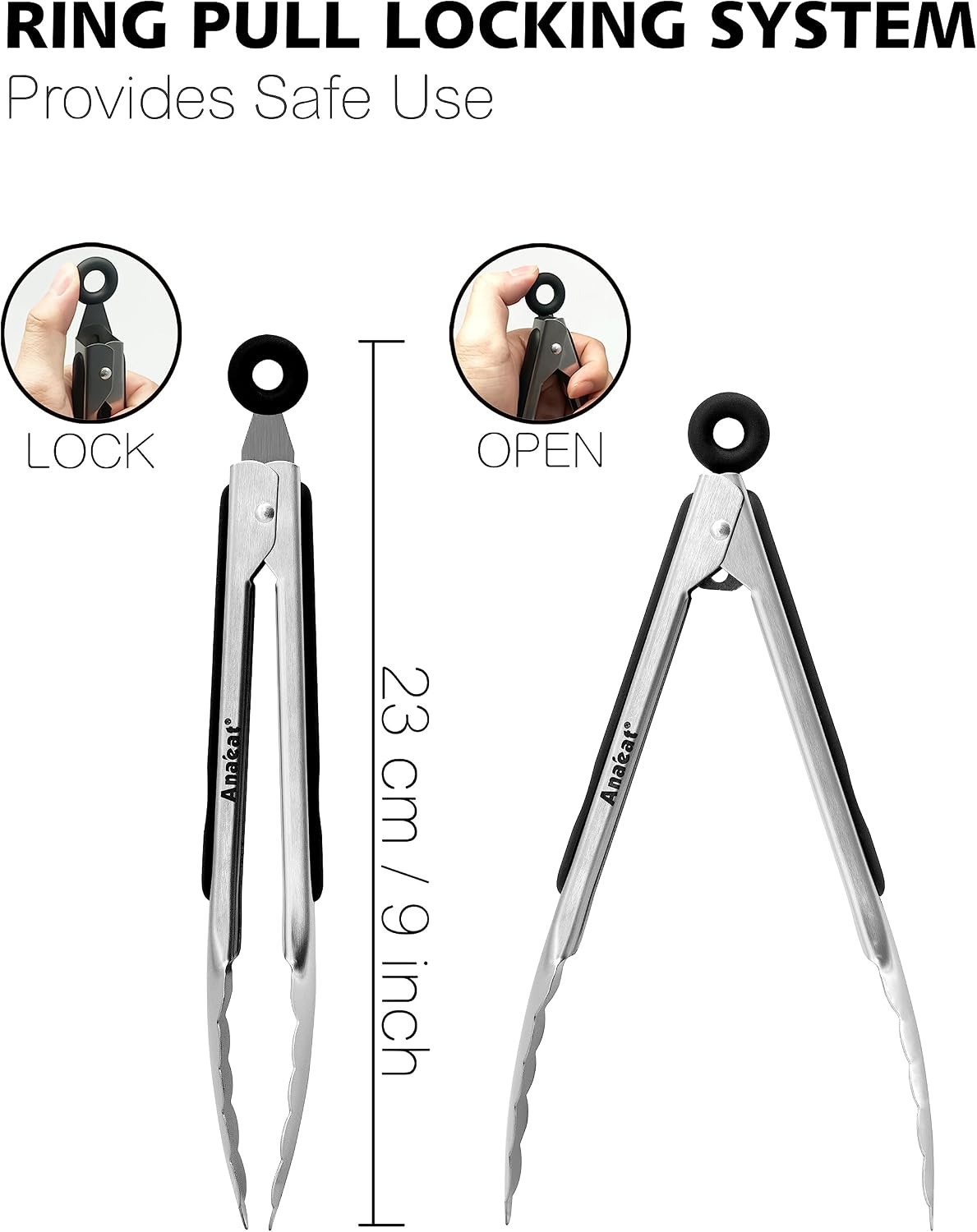 Anaeat Premium Kitchen Locking Tong Set of 3 - Heavy Duty Stainless Steel Food Tongs with Long Handle & Non-Slip Silicone Grip for Cooking, Baking, Grilling - Heat Resistant up to 480°F