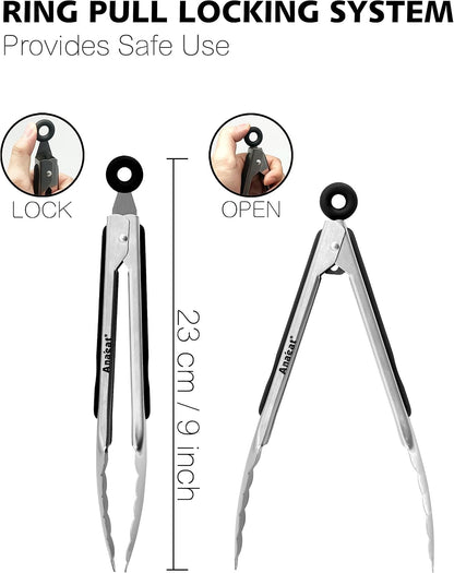 Anaeat Premium Kitchen Locking Tong Set of 3 - Heavy Duty Stainless Steel Food Tongs with Long Handle & Non-Slip Silicone Grip for Cooking, Baking, Grilling - Heat Resistant up to 480°F