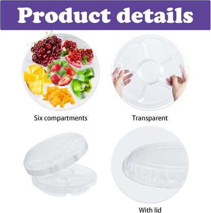 12 Pcs Round Plastic Serving Tray, Clear Round Plastic Veggie Tray with Lid, 12.4x1.97 Inch Disposable Food Storage Containers 6 Divided Compartment Container for Fruit Nut Snack