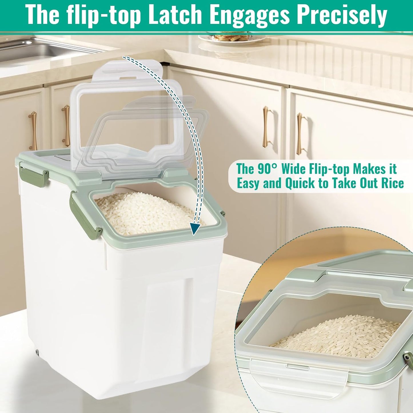 4 Pack Rice Container 25 lbs Large Bulk Flour Sugar Storage Holdhouse Plastic Grain Cereal Dry Goods Bin with Spoon and Measuring Cup for Kitchen Pantry Organization - Green