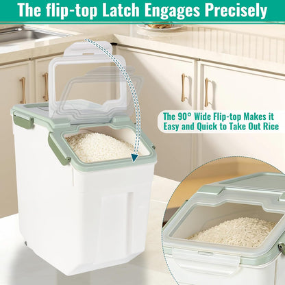 4 Pack Rice Container 25 lbs Large Bulk Flour Sugar Storage Holdhouse Plastic Grain Cereal Dry Goods Bin with Spoon and Measuring Cup for Kitchen Pantry Organization - Green