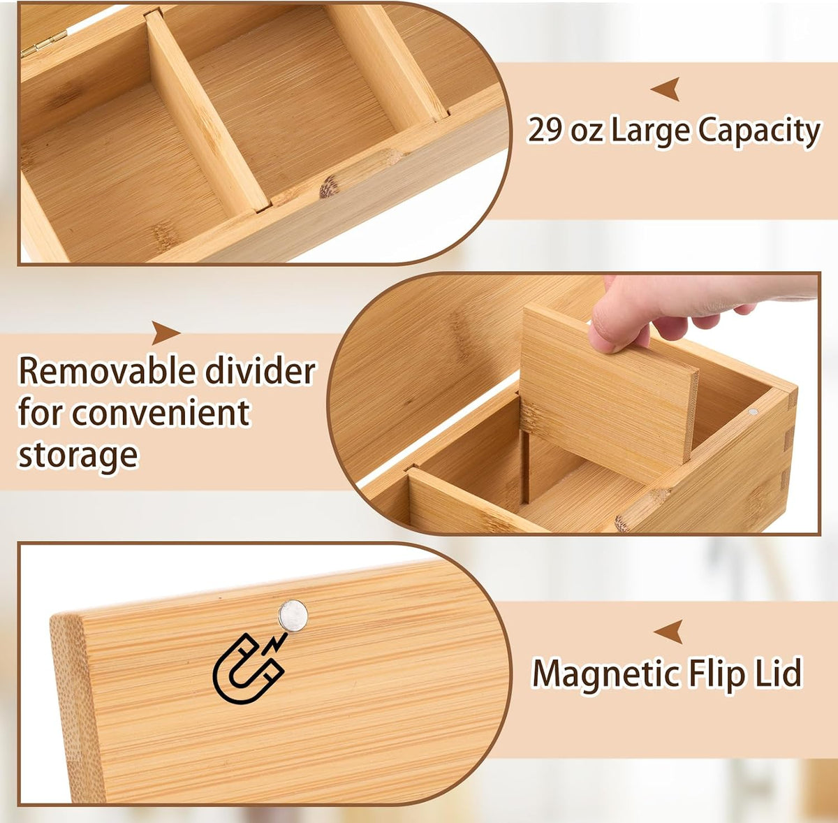 Acacia Wood Salt Cellar Spice Box with Magnetic Lid 29oz Large Capacity Salt Organizer 3 Compartments for Kitchen Countertop, Pepper, Seasonings, Spices, Grilling & Cooking