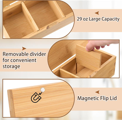 Acacia Wood Salt Cellar Spice Box with Magnetic Lid 29oz Large Capacity Salt Organizer 3 Compartments for Kitchen Countertop, Pepper, Seasonings, Spices, Grilling & Cooking