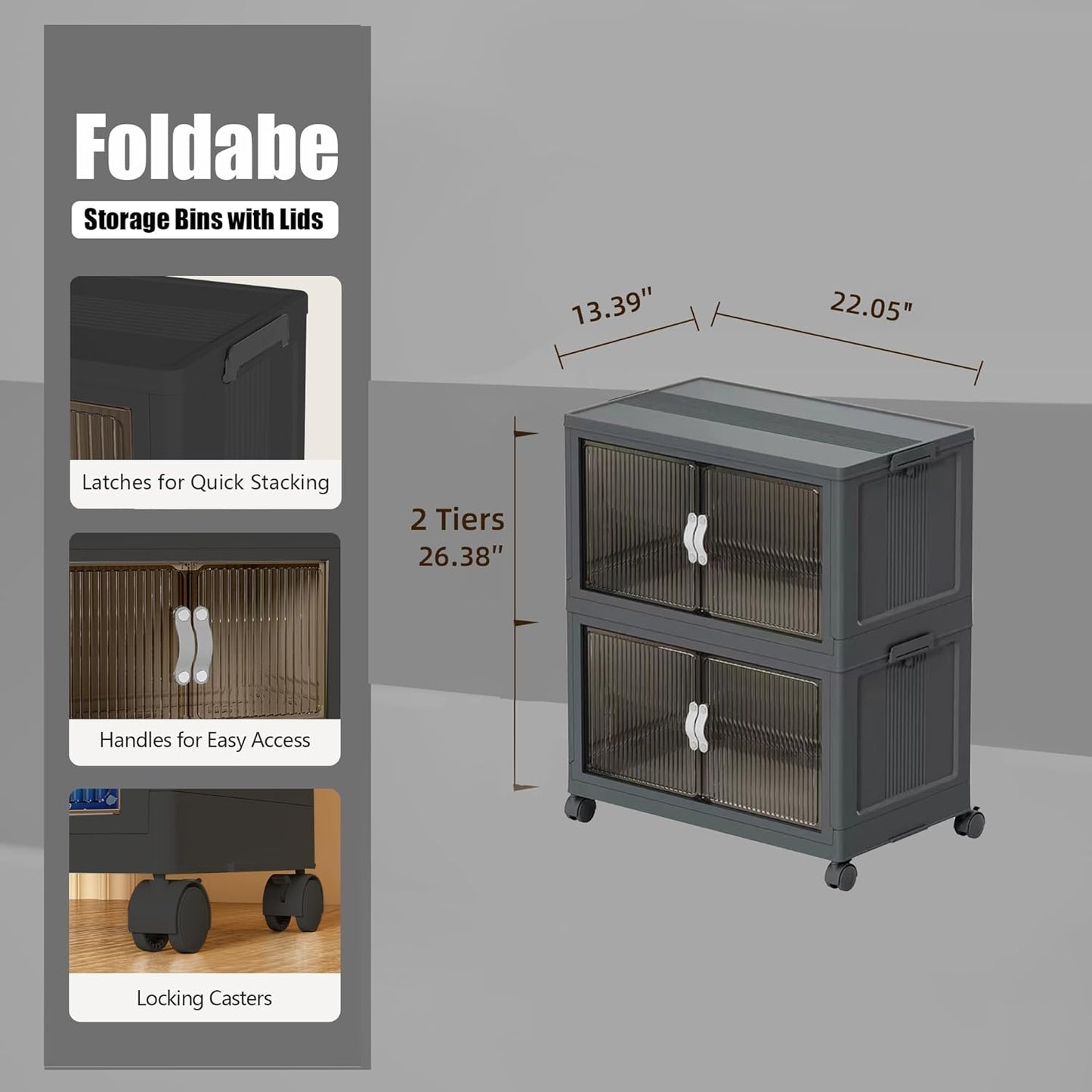 51QT Stackable Storage Bins with Lids & Wheels - Foldable Cabinet Clear Door Plastic Organizer Containers for Home, Garage, Pantry Organization - Collapsible Design Gray 5T