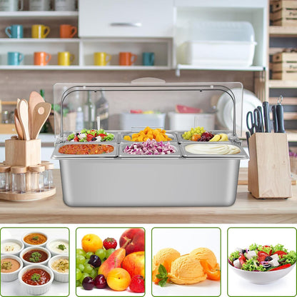 Countertop Food Serving Display Container with Clear Roll Top Cover, Stainless Steel Serving Tray Buffet Condiment Dispenser Ice Cooled Food Display Rack Pans(6 Pan)