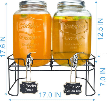 1 Gallon Glass Drink Dispenser for Parties, 2 Packs Juice Lemonade Ice Tea Water Dispenser with Stand, HENABLE Beverage Dispensers with Spigot for BBQ, Picnic, Party