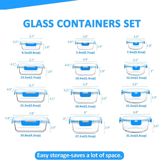 KOMUEE 24 Pieces Glass Food Storage Containers Set, Meal Prep Containers-Stackable Airtight Glass Storage Containers with lids,Freezer, Microwave, Oven Safe,Green