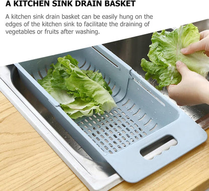 Garneck Expandable over Sink Vegetable Strainer Basket, Blue Plastic Fruit Washing and Draining Colander for Kitchen Sink, Adjustable Fruit Drain Basket for Vegetable Rinsing and Drying