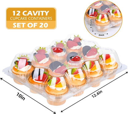 Plastic Cupcake Containers 12 Count (12 Sets), Stackable Cupcake Boxes Holders with Tall Dome Lid, Disposable Cupcake Carrier Trays Include 150 Cupcake Liners