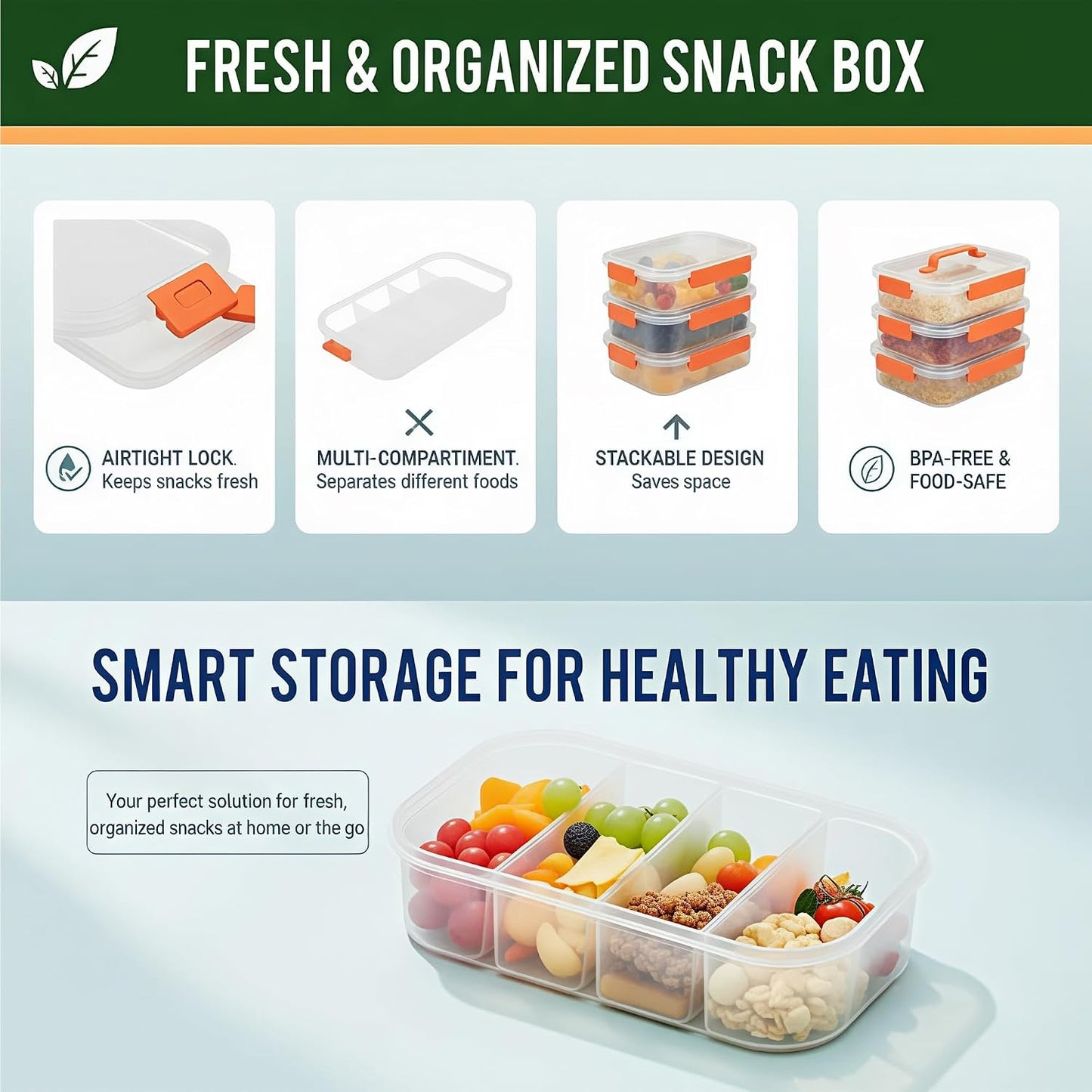 Li & Zhao Snackle Box Container - 4-Compartment Divided Snack Serving Tray with Silicone Handle, Perfect for Picnics, Leak-Proof, and Dishwasher-Safe Dressing Containers(Blue)
