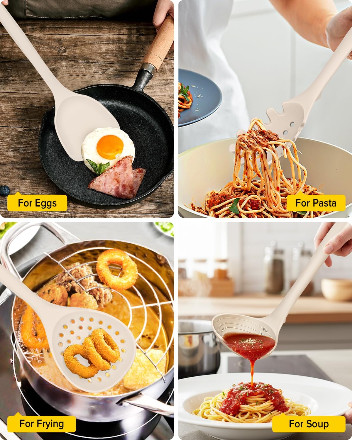 Silicone Cooking Utensils Set, 9 Pcs Heat Resistant Kitchen Utensils with Back Hooks, BPA Free Kitchen Tools with Spatulas, Spoons, Skimmer and Pasta Fork for Non Stick Cookware(KHAKI)