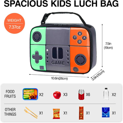 Kids Gamer Lunch Box for Boys, Game Console Insulated Lunch Bag, PU Leather Waterproof Lunchbox with Mesh Pocket, Durable Leakproof Lunch Tote Fits Bento Box for School