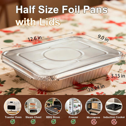 9x13 Aluminum Foil Pans with Lids - 25 Pack Disposable Half Size Deep Steam Table Tin Foil Pans for Oven Baking Cake, Roasting, Food Prepping, Storing, Freezing, Chafing