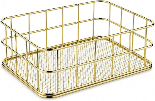 Gold Metal Wire Basket, 6.7 x 4.7 x 2.4 Inch Small Storage Basket Stackable Metal Wire Mesh Bin with Handles for Organizing, for Home Desk Pantry Bathroom Kitchen Countertop, Gold
