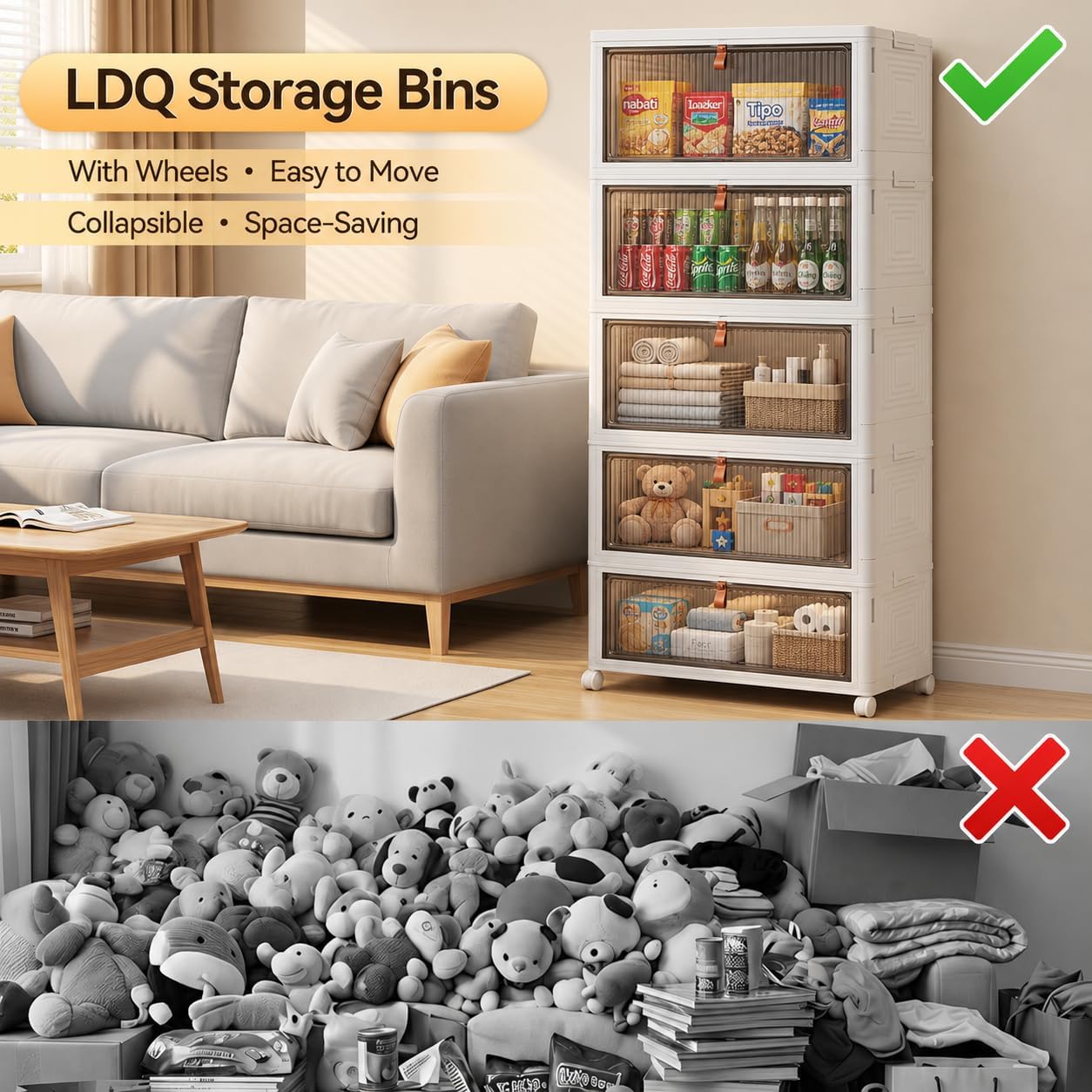 LDQ 136Qt Large Storage Bins with Lids, 4 Tier Stackable Storage Cabinet with Wheels & Clear Doors, Foldable Plastic Closet Organizer for Bedroom, Bathroom & Kitchen