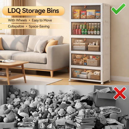LDQ 136Qt Large Storage Bins with Lids, 4 Tier Stackable Storage Cabinet with Wheels & Clear Doors, Foldable Plastic Closet Organizer for Bedroom, Bathroom & Kitchen