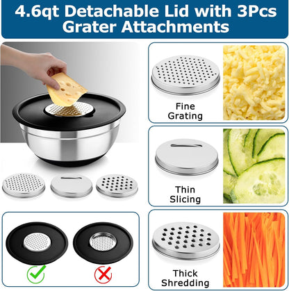 TeamFar Mixing Bowls, 5PCS Stainless Steel Nesting Salad Bowl with Lid & 3 Grater Attachments, for Prepping/Serving/Storing Food, Nontoxic, Airtight Lid & Non-slip Bottom - 4.6/3.5/2.5/1.5/1 QT