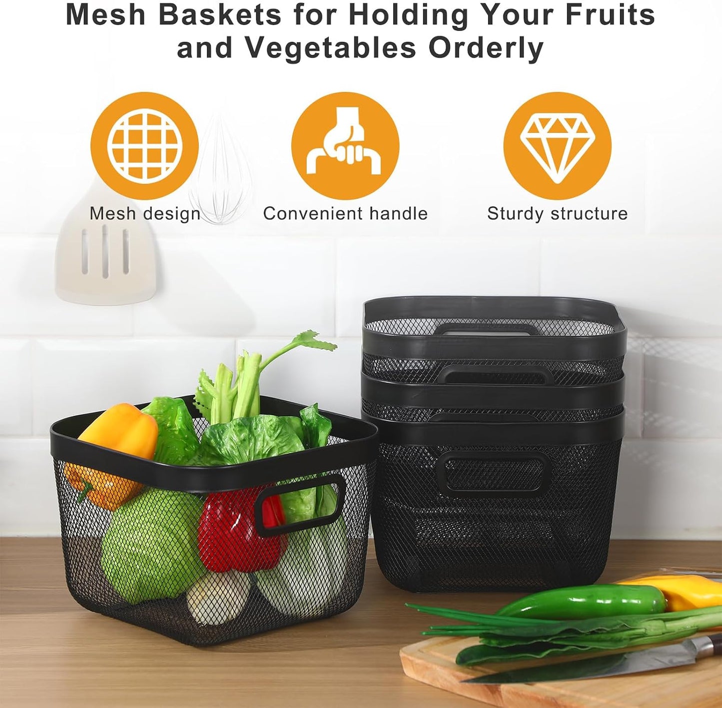 MorningRo 6 Pack Metal Mesh Basket with Hollow Handles Black Wire Storage Bin for Organizing Stackable Metal Fine Mesh Basket for Pantry Bathroom Kitchen Cabinets Shelves (Medium)