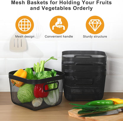 MorningRo 6 Pack Metal Mesh Basket with Hollow Handles Black Wire Storage Bin for Organizing Stackable Metal Fine Mesh Basket for Pantry Bathroom Kitchen Cabinets Shelves (Medium)