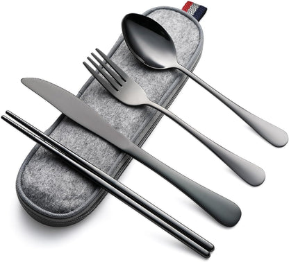 DEVICO Camping Utensils, Full-Size Reusable Silverware for Lunch Adult, Stainless Steel Travel Cutlery Set with Case, Portable Fork Spoon Knife Set for Work, Flatware with Chopsticks (Rainbow)