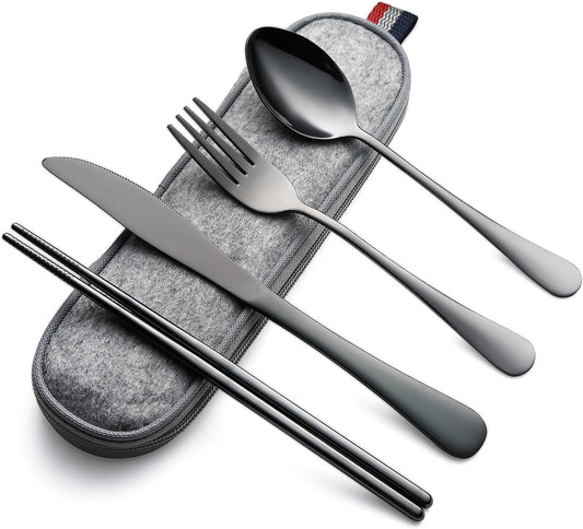 DEVICO Camping Utensils, Full-Size Reusable Silverware for Lunch Adult, Stainless Steel Travel Cutlery Set with Case, Portable Fork Spoon Knife Set for Work, Flatware with Chopsticks (Rainbow)