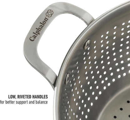 Calphalon Astro Colander Set, 2-Piece Stainless Steel Colander and Strainer, 5 QT & 1.5 QT Pasta Strainer with Handles, Matte Finish Kitchen Colander, Silver