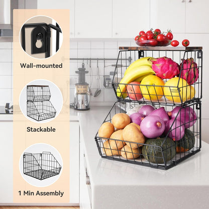 White Fruit Bowl Wire Basket Storage Pantry Fruit and Vegetable Storage Fruit Basket for Kitchen Counter Stackable Wall Mounted Hanging Basket Wire Basket with Wood Lid with Hanger Hooks