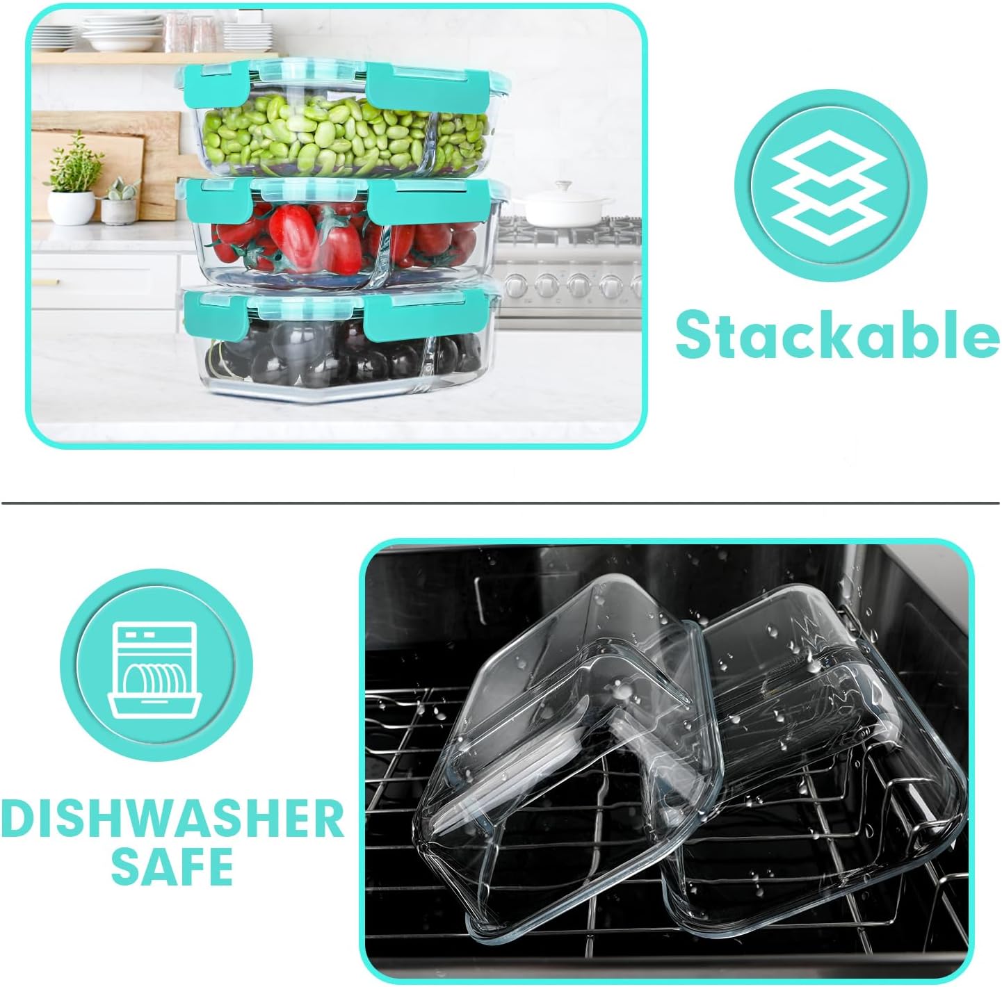 VERONES 10 Pack Glass Meal Prep Containers 2 Compartment Set, 30 OZ Airtight Glass Lunch Containers, Food Storage Containers with Lids, for Microwave, Oven, Freezer & Dishwasher Friendly，Red