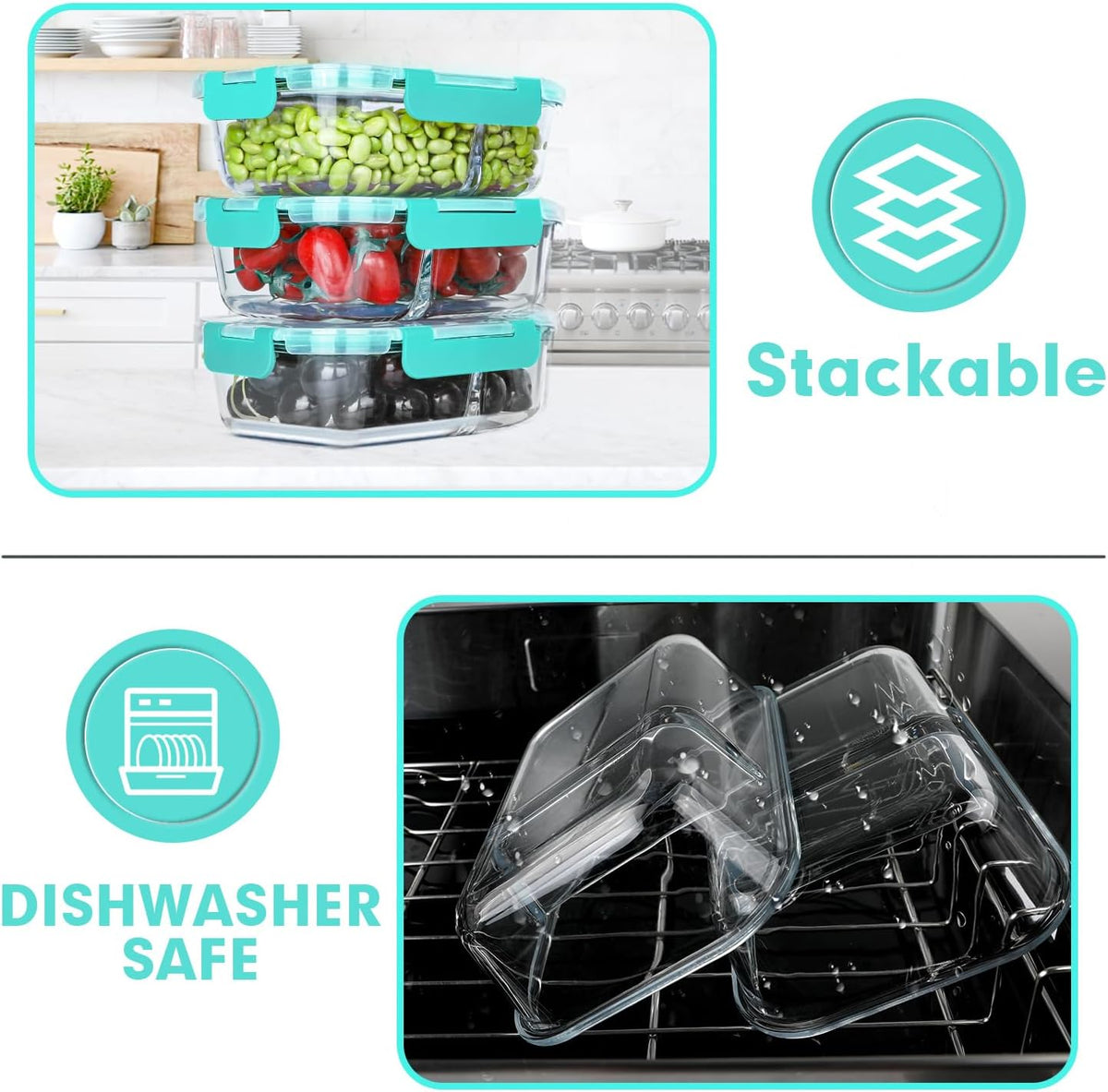 VERONES 10 Pack Glass Meal Prep Containers 2 Compartment Set, 30 OZ Airtight Glass Lunch Containers, Glass Food Storage Containers with Lids, for Microwave, Oven, Freezer & Dishwasher Friendly，Grey