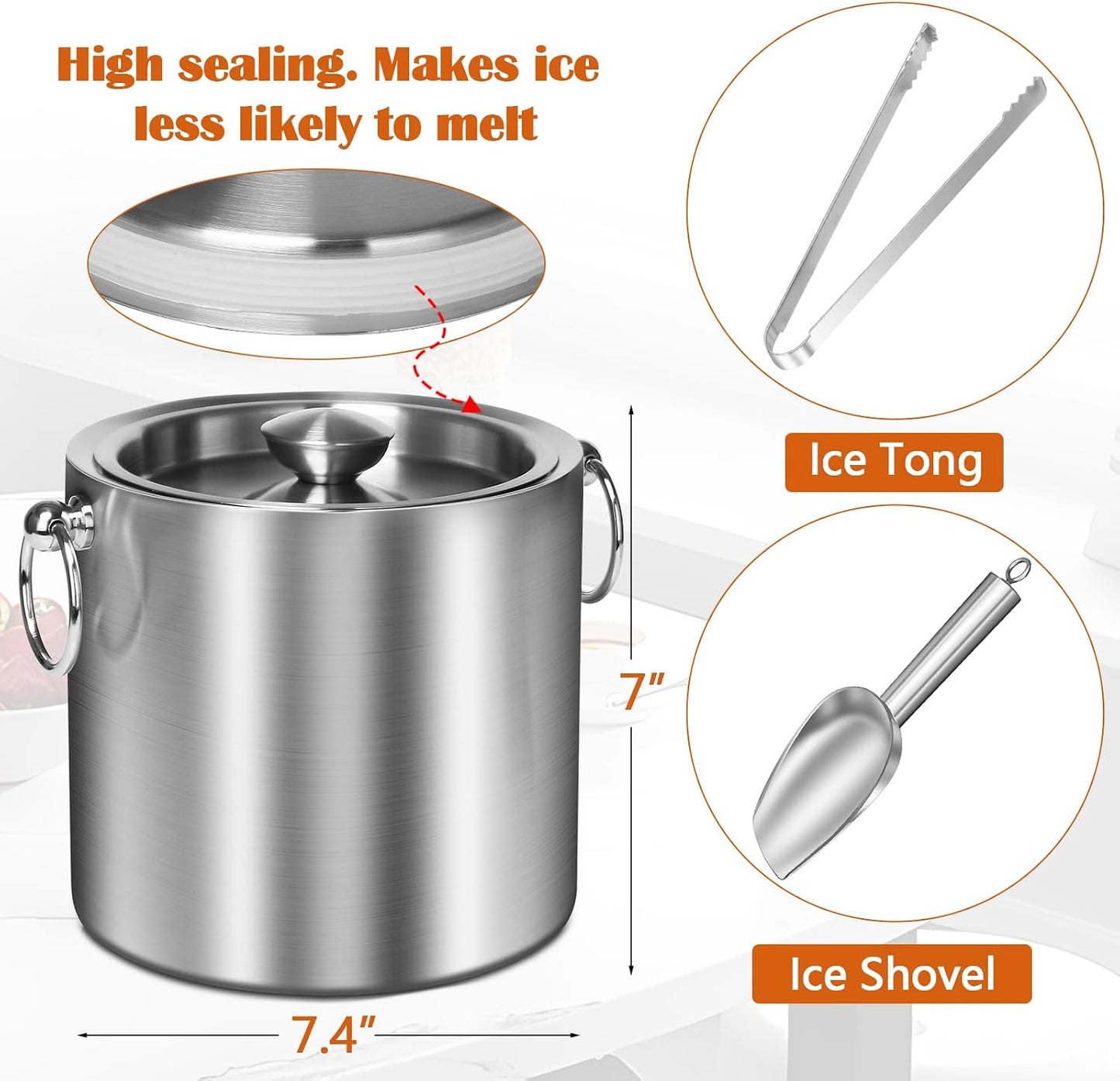 Ice Bucket with Lid & Tong- Well Made Insulated Stainless Steel Keep Ice Frozen Longer - Ideal for Cocktail Bar, Parties, Chilling Wine, Champagne - 3 Liter (Black)