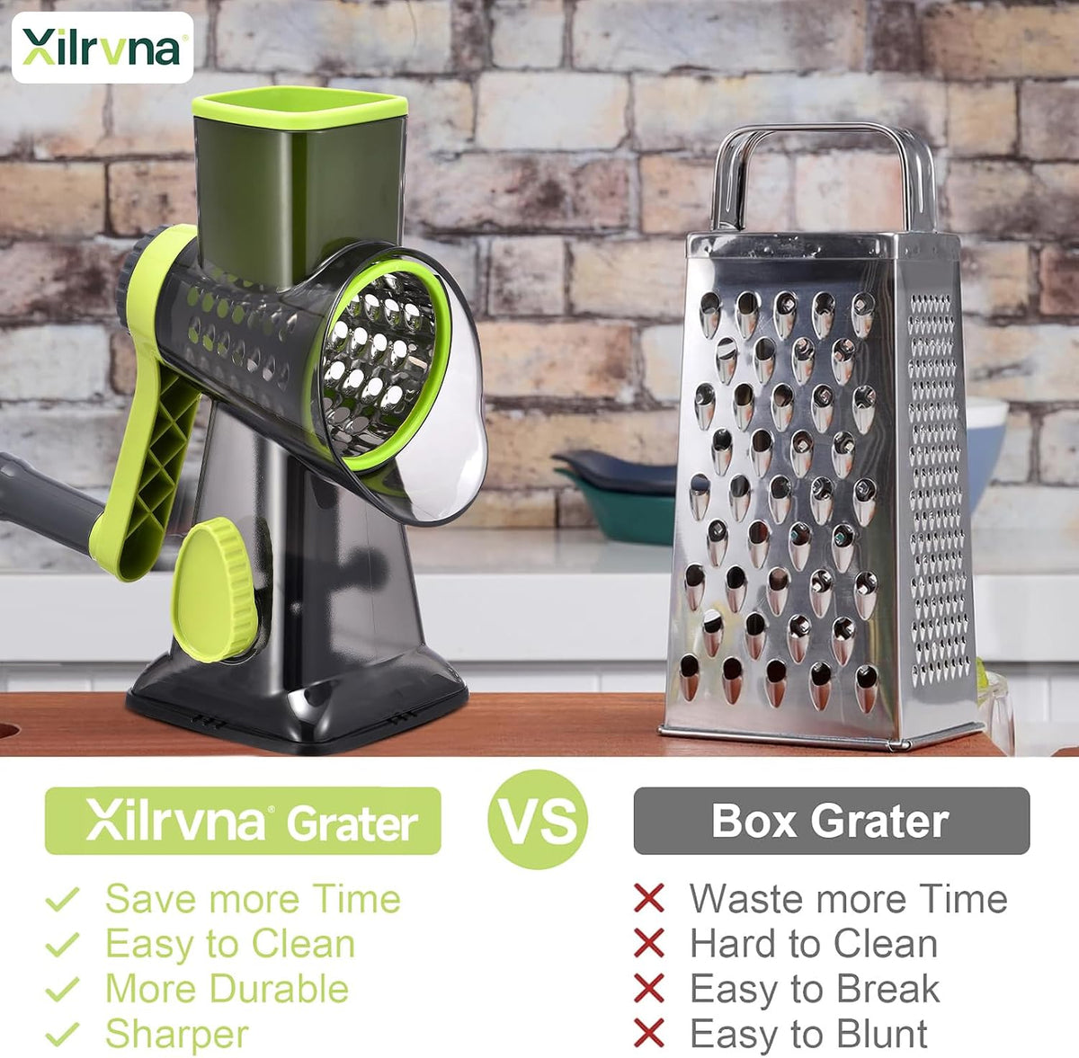 Rotary Cheese Grater with Handle Kitchen Shredder Slicer Grater Slicer Ice Shaver Cheese Vegetable Nuts Potato Zucchini Chocolate 3 Interchangeable Blades (GreyBlue