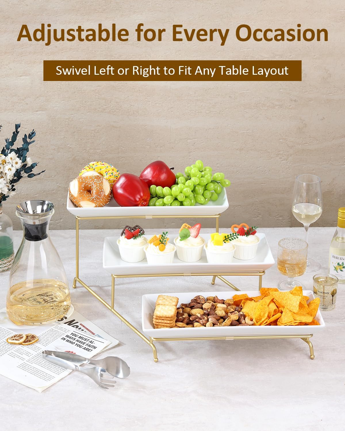 Yedio 3 Tier Serving Trays for Party, Porcelain Serving Platters and Trays, 12 Inch Tiered Tray Stand, Fruit Tray, Trays for Serving Food, White Dessert Stand with Collapsible Sturdier Metal Rack
