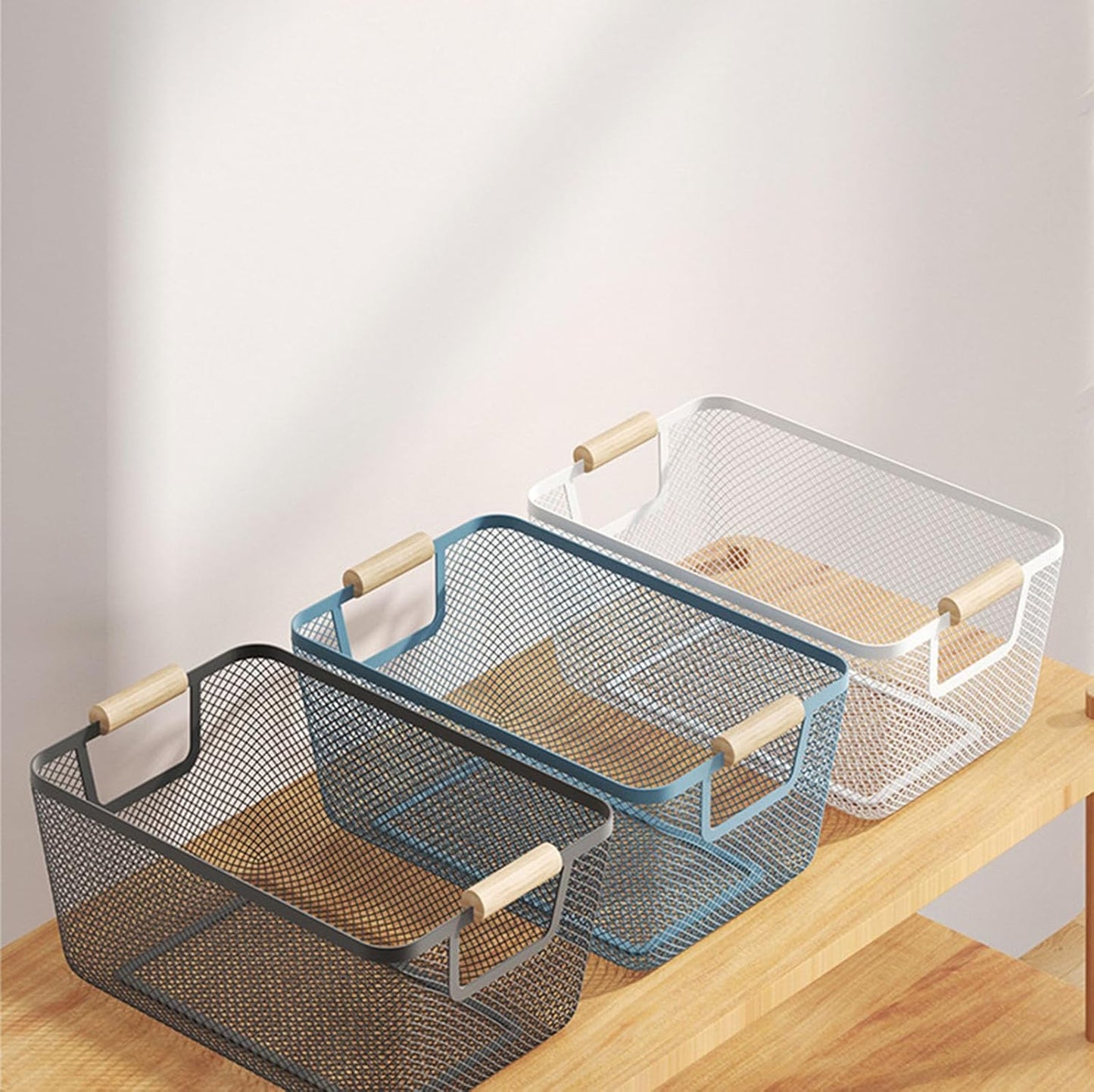 AJIODA Metal Mesh Steel Basket, Large Wire Storage Organizer Basket Multi-function Hanging Kitchen Baskets with Wood Handle for Kitchen Bathroom Picnic Home, Rectangle-Black