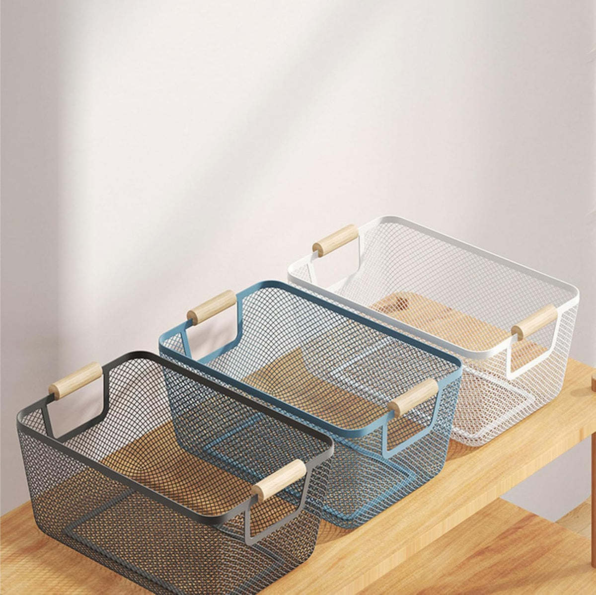 AJIODA Metal Mesh Steel Basket, Large Wire Storage Organizer Basket Multi-function Hanging Kitchen Baskets with Wood Handle for Kitchen Bathroom Picnic Home, Rectangle-Off White