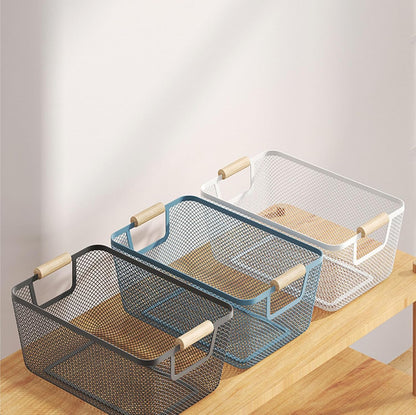 AJIODA Metal Mesh Steel Basket, Large Wire Storage Organizer Basket Multi-function Hanging Kitchen Baskets with Wood Handle for Kitchen Bathroom Picnic Home, Rectangle-Off White