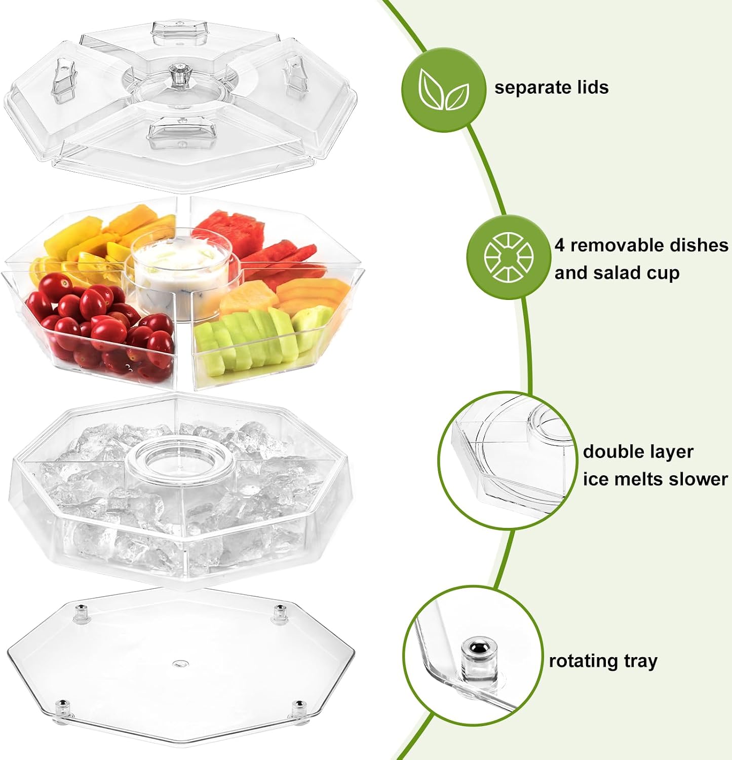 IVYHOME Chilled Condiment Server, Fruit Ice Serving Platter for Parties, Condiment Pots, Taco Bar Serving Set, Chilled Food Containers (Octagonal)