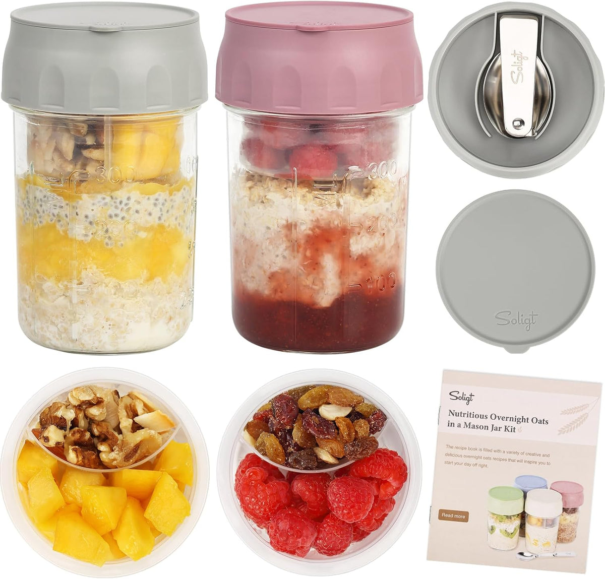SOLIGT 4 Pack Overnight Oats Containers with Lids, Folding Spoons and Divided Compartments for Fruit & Nuts, Small Glass 16oz Mason Jars for Oatmeal (4 Set-Oat White/Green/Rose/Blue)