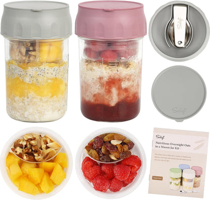 SOLIGT 4 Pack Overnight Oats Containers with Lids, Folding Spoons and Divided Compartments for Fruit & Nuts, Small Glass 16oz Mason Jars for Oatmeal (4 Set-Oat White/Green/Rose/Blue)